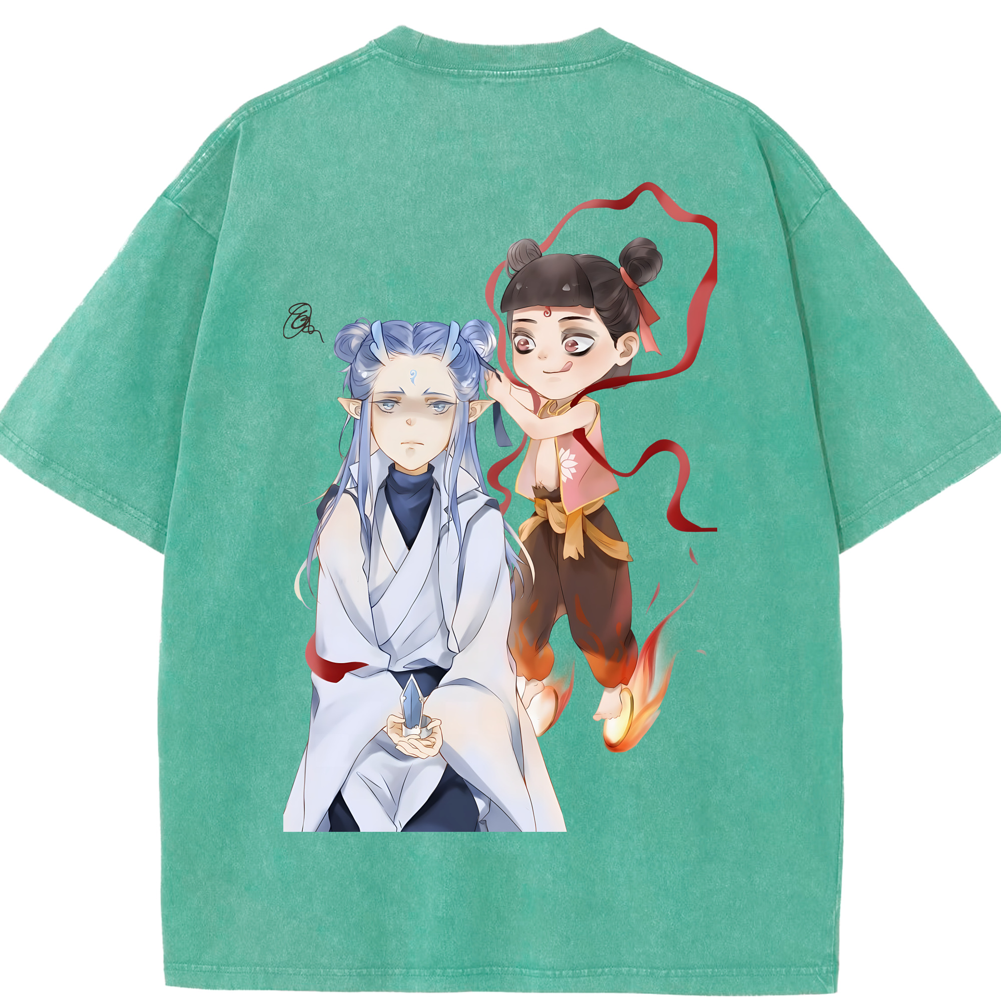 （画像用） Ne Zha 2 ナタ 魔童の大暴れ 綿100% ヴィンテージ風 半袖Tシャツ（背面プリント）